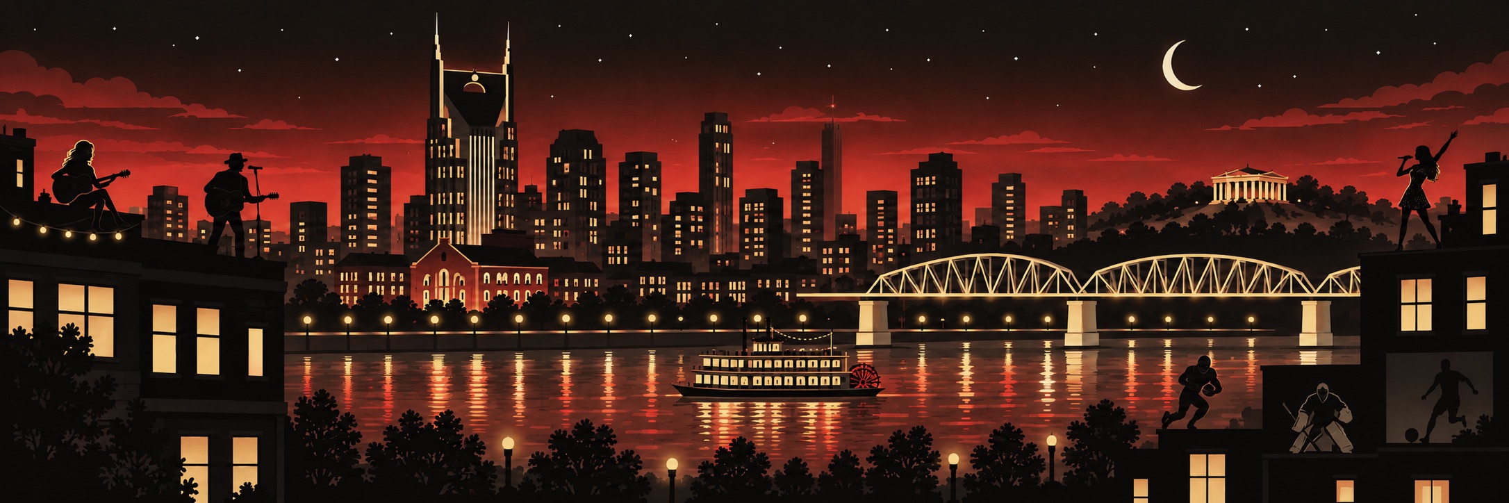 Illustrated Nashville skyline after dark, with downtown towers, the Cumberland River, music stages and local sports.